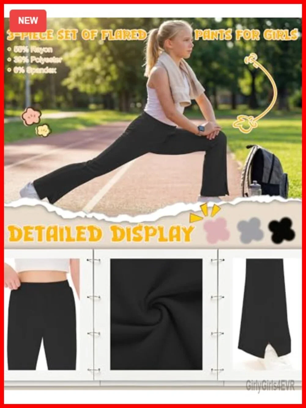 3 Pcs Girls Flare Pants Elastic Waist Bell Bottom Wide Leg Split Hem